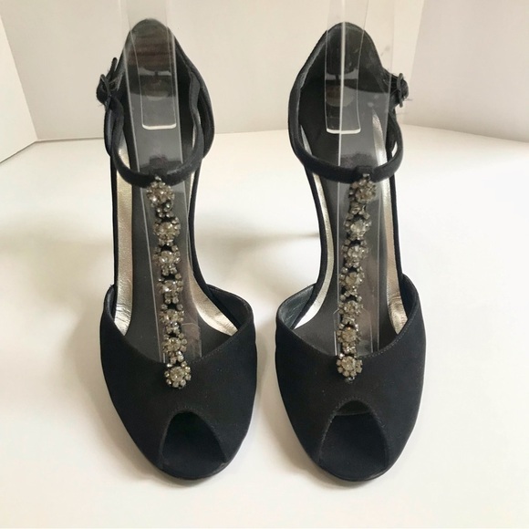 Stuart Weitzman Shoes - Stuart Weitzman Black Satin Peep Toe Heels Crystal Embellishment T-Strap Sz 5